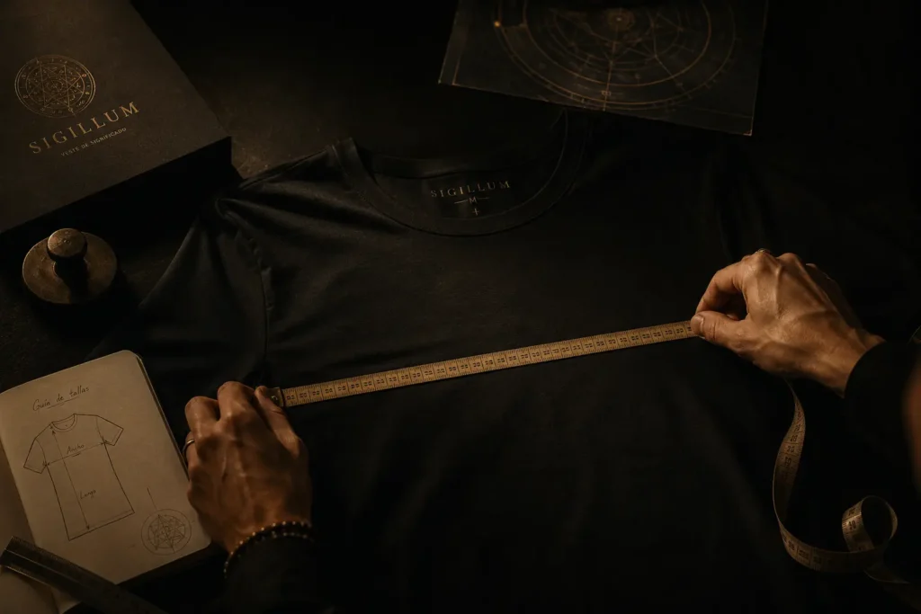 Manos midiendo una playera negra con cinta métrica sobre la mesa de trabajo